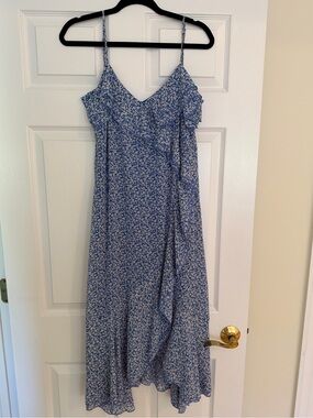 All in Favor Blue Floral Spaghetti-Strap Midi Dress; size medium